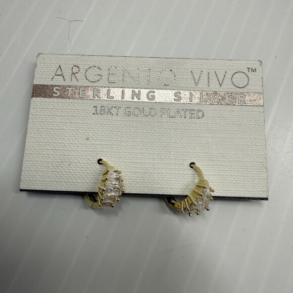 Argento Vivo 18K Gold Plated Sterling Silver Baguette CZ Huggie Hoop Earrings - Picture 2 of 5